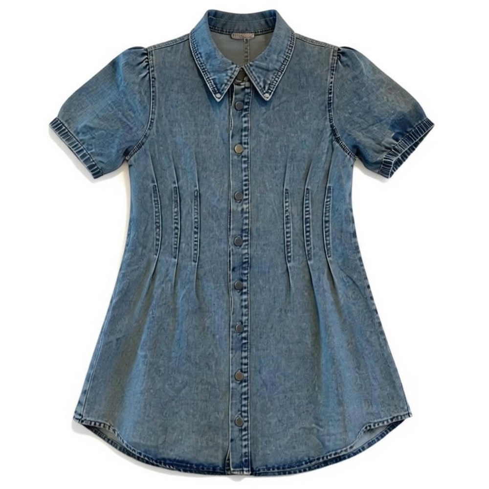 Womens Denim Dress With Puff Sleeves Button-Up Front & Collared Neckline Size L